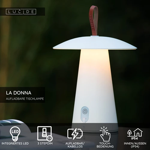 Lucide LA DONNA - wiederaufladbare Tischlampe Innen/Außen - Akku/Batterie - Ø 19,7 cm - LED 3 StepDim - 1x2W 2700K - IP54 - Weiß - USP